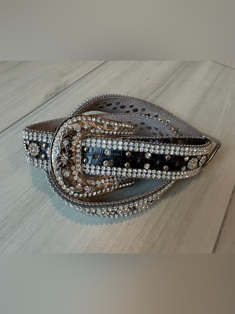 Crystal Western-Style Belt with Ornate Silver Buckle - Black and Silver